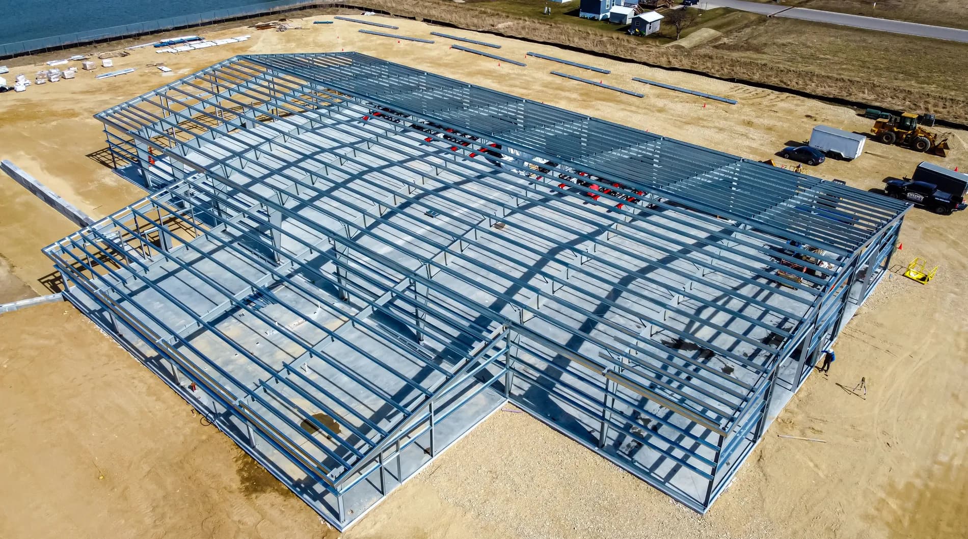 Aerial view of a steel warehouse frame under construction