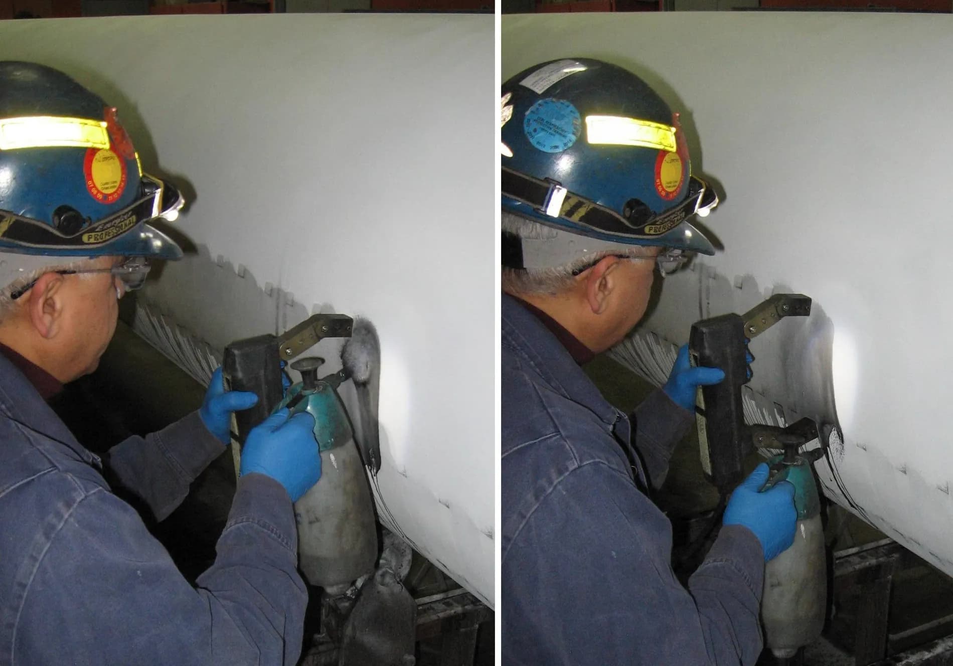 Non-destructive magnetic particle testing on a steel weld