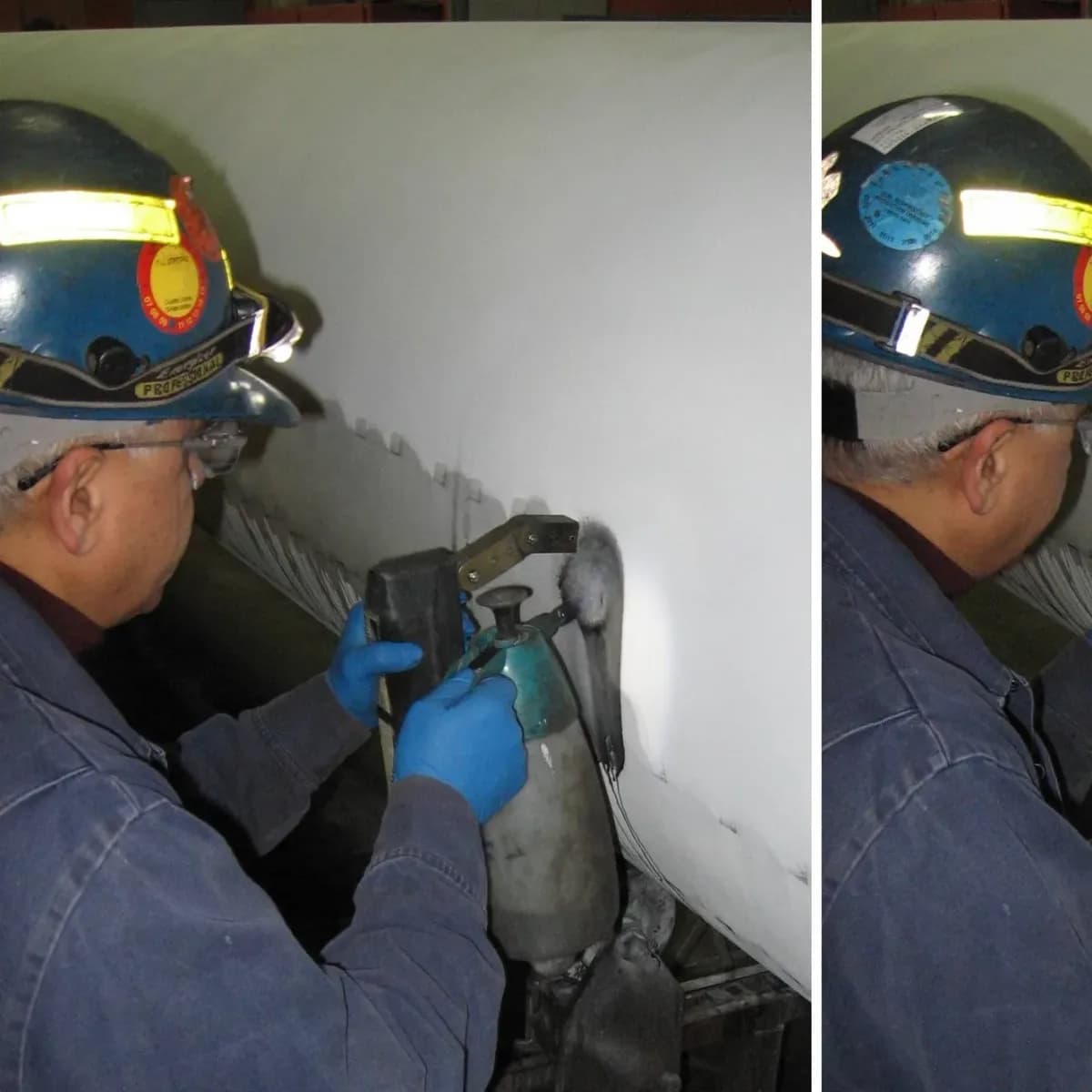 Wet magnetic particle testing being carried out on a steel weld to reveal surface defects